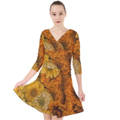 Yellow Zinnias Quarter Sleeve Front Wrap Dress by bloomingvinedesign