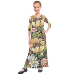 Grandma s Vintage Floral Couch Kids  Quarter Sleeve Maxi Dress by dressshop