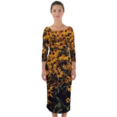 Field Of Yellow Flowers Quarter Sleeve Midi Bodycon Dress by bloomingvinedesign