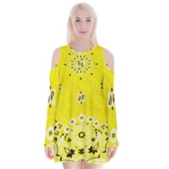 Grunge Yellow Bandana Velvet Long Sleeve Shoulder Cutout Dress by dressshop