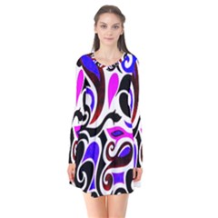 Retro Swirl Abstract Long Sleeve V-neck Flare Dress by dressshop