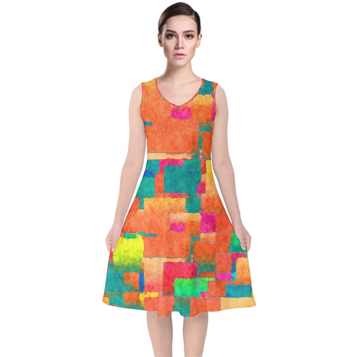 Pattern Texture Background Color V-Neck Midi Sleeveless Dress 