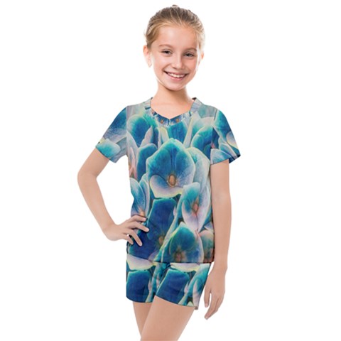 Hydrangeas Blossom Bloom Blue Kids  Mesh Tee And Shorts Set by Nexatart