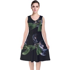 Plums Photo Art Fractalius Fruit V-neck Midi Sleeveless Dress  by Sapixe