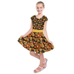 Dark Orange Pumpkins Halloween Theme Kids  Short Sleeve Dress by PattyVilleDesigns