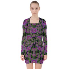 Black Lotus Night In Climbing Beautiful Leaves V-neck Bodycon Long Sleeve Dress by pepitasart