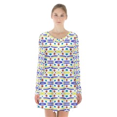 Retro Blue Yellow Brown Teal Dot Pattern Long Sleeve Velvet V-neck Dress by BrightVibesDesign