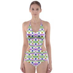 Retro Blue Purple Green Olive Dot Pattern Cut-out One Piece Swimsuit by BrightVibesDesign