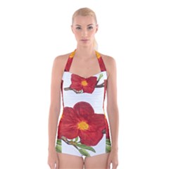 Deep Plumb Blossom Boyleg Halter Swimsuit  by lwdstudio