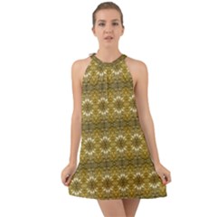 Golden Ornate Pattern Halter Tie Back Chiffon Dress by dflcprintsclothing