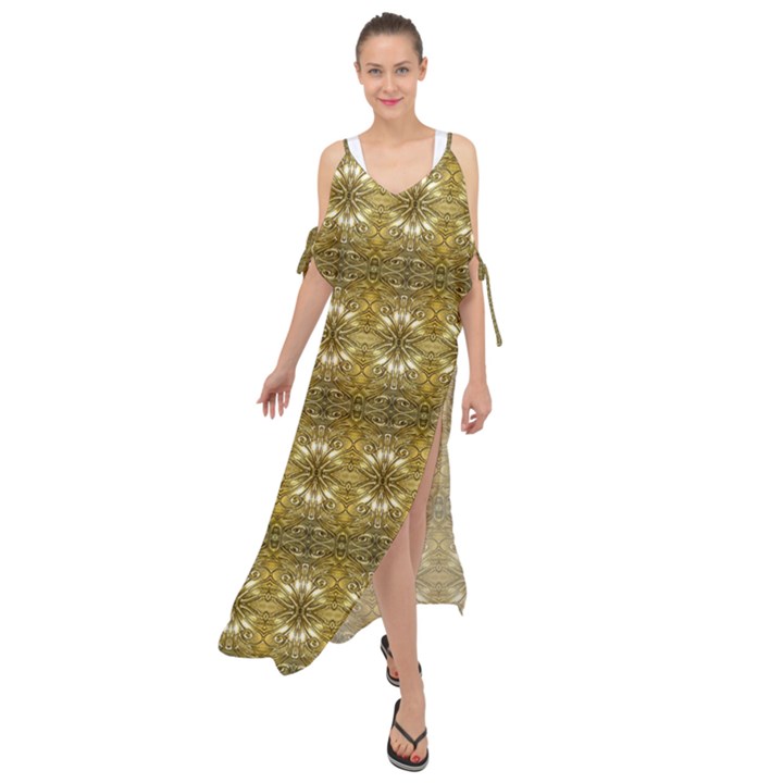 Golden Ornate Pattern Maxi Chiffon Cover Up Dress