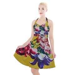 Textile Printing Flower Rose Cover Halter Party Swing Dress  by Sapixe
