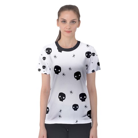 Pattern Skull Stars Handrawn Naive Halloween Gothic Black And White Women s Sport Mesh Tee by genx