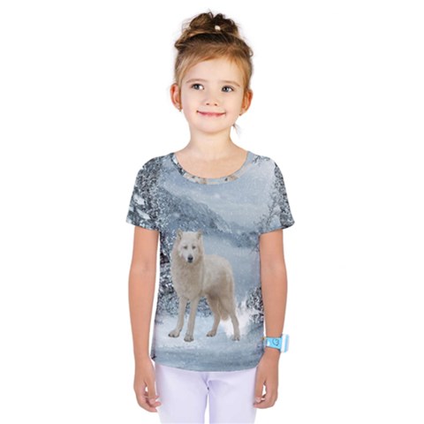 Wonderful Arctic Wolf In The Winter Landscape Kids  One Piece Tee by FantasyWorld7