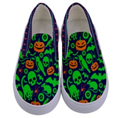 Dark Blue & Lime Halloween Skulls Pattern Kids  Canvas Slip Ons by PattyVilleDesigns