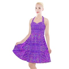 Hot Pink And Purple Abstract Branch Pattern Halter Party Swing Dress  by myrubiogarden