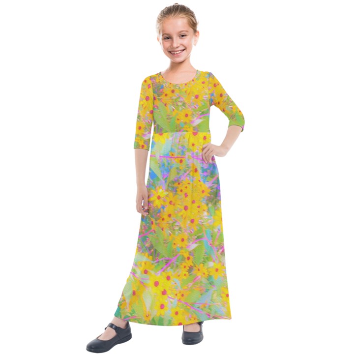 Pretty Yellow And Red Flowers With Turquoise Kids  Quarter Sleeve Maxi Dress