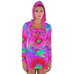 Psychedelic Pink And Red Hibiscus Flower Long Sleeve Hooded T-shirt by myrubiogarden