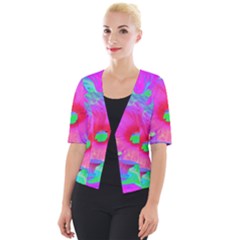 Psychedelic Pink And Red Hibiscus Flower Cropped Button Cardigan by myrubiogarden