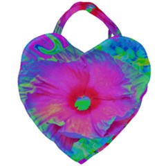 Psychedelic Pink And Red Hibiscus Flower Giant Heart Shaped Tote by myrubiogarden