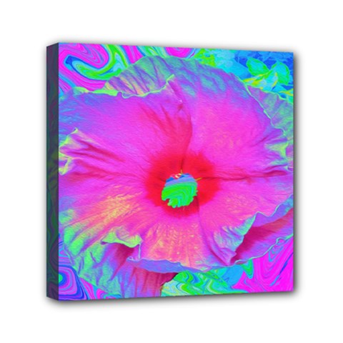 Psychedelic Pink And Red Hibiscus Flower Mini Canvas 6  X 6  (stretched) by myrubiogarden