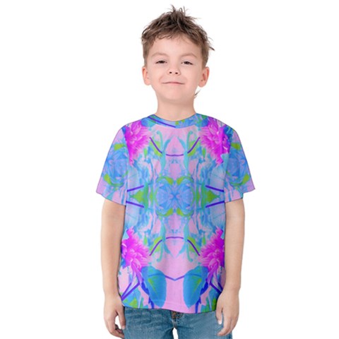 Pink And Purple Dahlia On Blue Pattern Kids  Cotton Tee by myrubiogarden