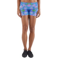 Pink And Purple Dahlia On Blue Pattern Yoga Shorts by myrubiogarden