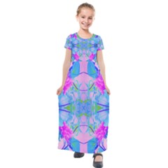 Pink And Purple Dahlia On Blue Pattern Kids  Short Sleeve Maxi Dress by myrubiogarden