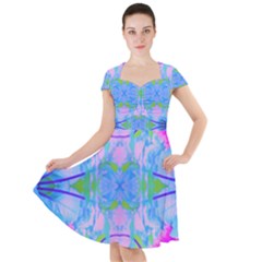 Pink And Purple Dahlia On Blue Pattern Cap Sleeve Midi Dress by myrubiogarden