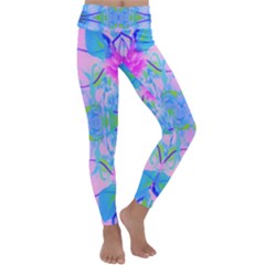 Pink And Purple Dahlia On Blue Pattern Kids  Lightweight Velour Classic Yoga Leggings by myrubiogarden