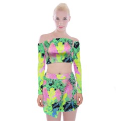 Fluorescent Yellow Smoke Tree With Pink Hydrangea Off Shoulder Top With Mini Skirt Set by myrubiogarden