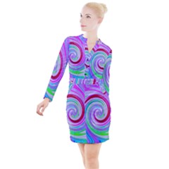 Groovy Abstract Red Swirl On Purple And Pink Button Long Sleeve Dress by myrubiogarden