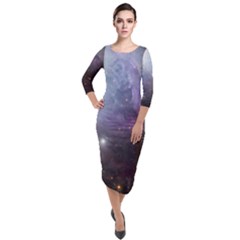 Orion Nebula Pastel Violet Purple Turquoise Blue Star Formation Quarter Sleeve Midi Velour Bodycon Dress by genx