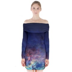 Lagoon Nebula Interstellar Cloud Pastel Pink, Turquoise And Yellow Stars Long Sleeve Off Shoulder Dress by genx