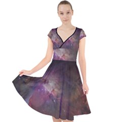 Orion Nebula Star Formation Orange Pink Brown Pastel Constellation Astronomy Cap Sleeve Front Wrap Midi Dress by genx