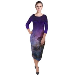 Carina Nebula Ngc 3372 The Grand Nebula Pink Purple And Blue With Shiny Stars Astronomy Quarter Sleeve Midi Velour Bodycon Dress by genx