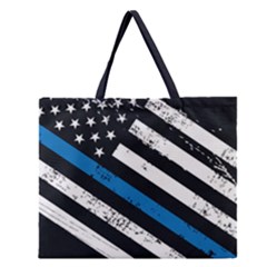 Usa Flag The Thin Blue Line I Back The Blue Usa Flag Grunge On Black Background Zipper Large Tote Bag by snek