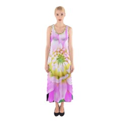 Pretty Pink, White And Yellow Cactus Dahlia Macro Sleeveless Maxi Dress by myrubiogarden