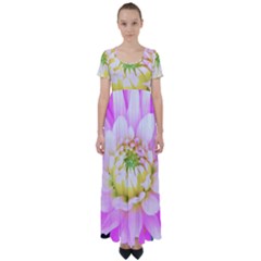 Pretty Pink, White And Yellow Cactus Dahlia Macro High Waist Short Sleeve Maxi Dress by myrubiogarden