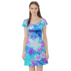 Blue And Hot Pink Succulent Underwater Sedum Short Sleeve Skater Dress by myrubiogarden