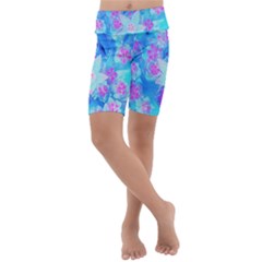 Blue And Hot Pink Succulent Underwater Sedum Kids  Lightweight Velour Cropped Yoga Leggings