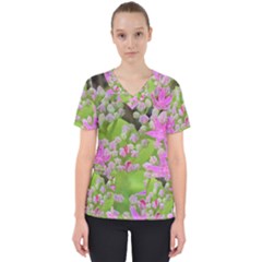 Hot Pink Succulent Sedum With Fleshy Green Leaves Women s V-neck Scrub Top