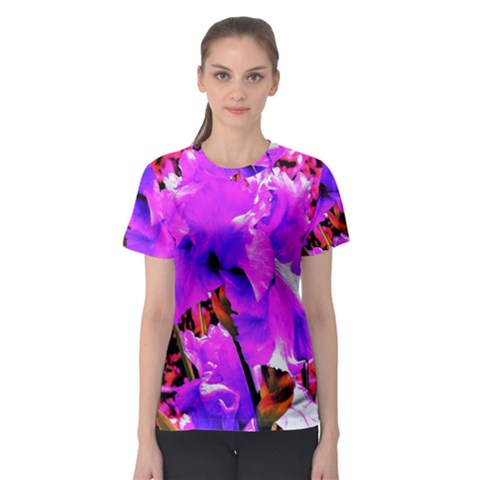 Abstract Ultra Violet Purple Iris On Red And Pink Women s Sport Mesh Tee by myrubiogarden