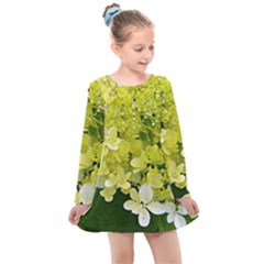 Elegant Chartreuse Green Limelight Hydrangea Macro Kids  Long Sleeve Dress by myrubiogarden