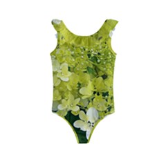 Elegant Chartreuse Green Limelight Hydrangea Macro Kids  Frill Swimsuit by myrubiogarden