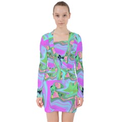 Retro Pink And Light Blue Liquid Art On Hydrangea Garden V-neck Bodycon Long Sleeve Dress by myrubiogarden