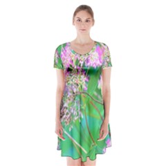 Invincibelle Spirit Hot Pink Hydrangeas On Aqua Green Short Sleeve V-neck Flare Dress by myrubiogarden