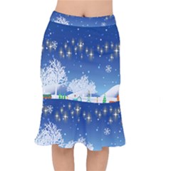 Snowflakes Snowy Landscape Reindeer Mermaid Skirt by Wegoenart