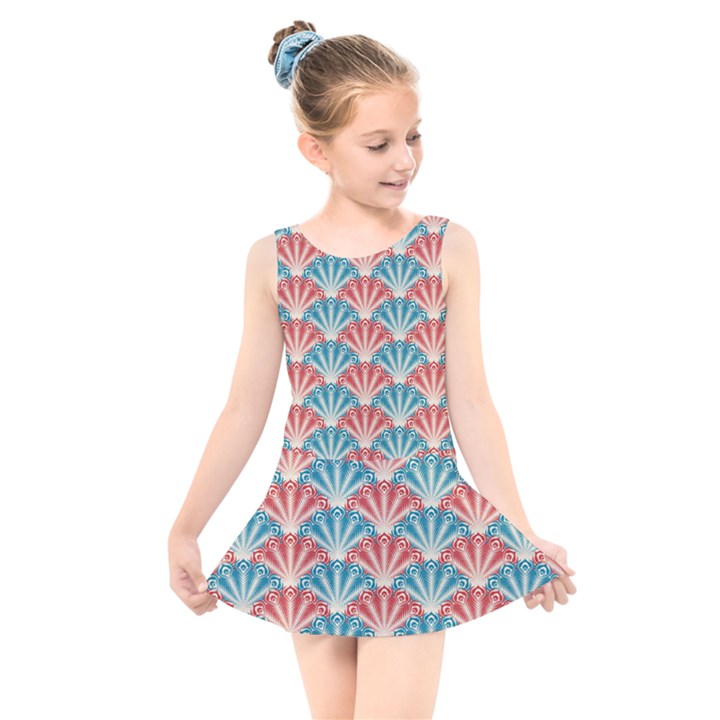 Seamless Patter Peacock Feathers Kids  Skater Dress Swimsuit