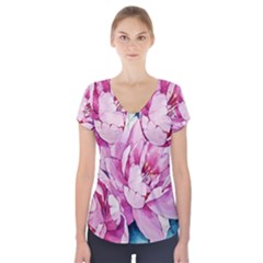 Art Painting Flowers Peonies Pink Short Sleeve Front Detail Top by Wegoenart